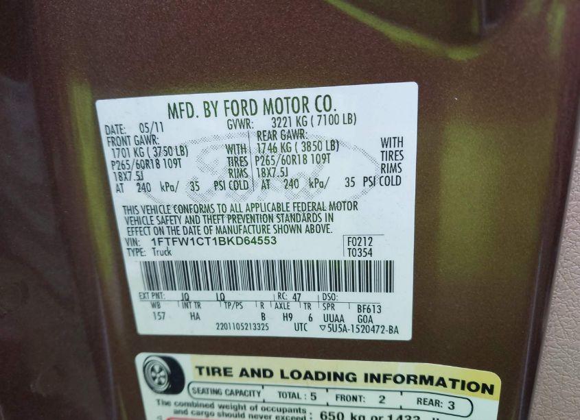 Photo 9 of 2011 Ford F-150 LARIAT (VIN 1FTFW1CT1BKD64553)