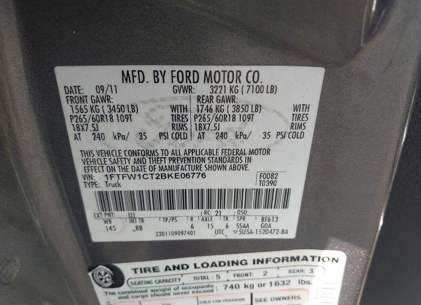 Photo 9 of 2011 Ford F-150 FX2 (VIN 1FTFW1CT2BKE06776)