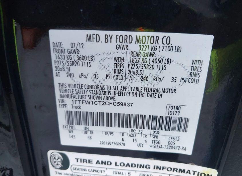 Photo 9 of 2012 Ford F-150 FX2 (VIN 1FTFW1CT2CFC59837)