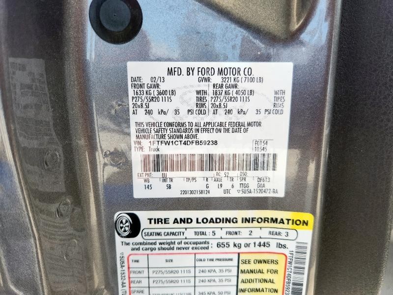 2013 FORD F150 SUPERCREW (VIN 1FTFW1CT4DFB59238) main photo