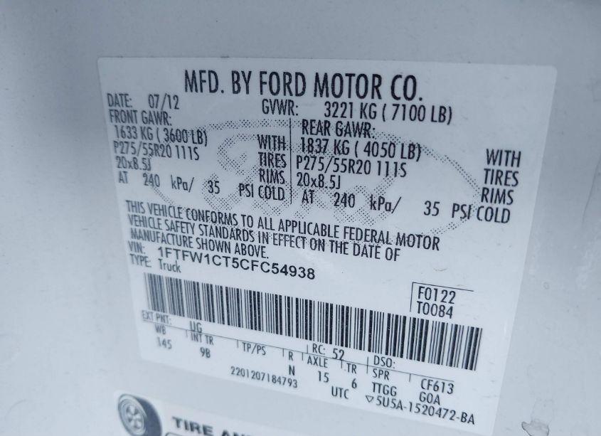 Photo 9 of 2012 Ford F-150 PLATINUM (VIN 1FTFW1CT5CFC54938)