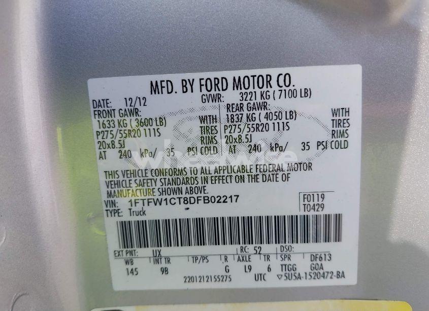 Photo 9 of 2013 Ford F-150 PLATINUM (VIN 1FTFW1CT8DFB02217)