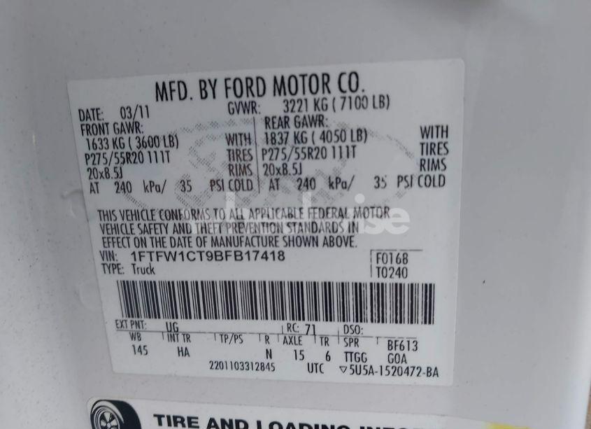 Photo 9 of 2011 Ford F-150 LARIAT (VIN 1FTFW1CT9BFB17418)