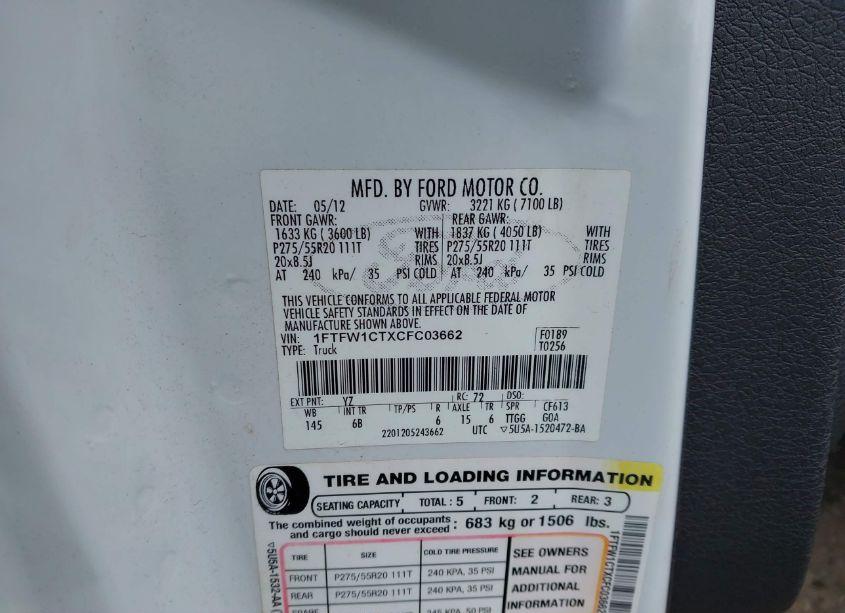 Photo 9 of 2012 Ford F-150 FX2 (VIN 1FTFW1CTXCFC03662)