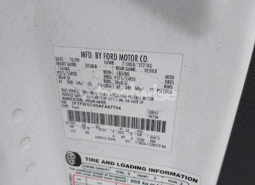 Photo 9 of 2010 Ford F-150 FX2 SPORT/HARLEY-DAVIDSON/KING RANCH/LARIAT/PLATINUM/XL/XLT (VIN 1FTFW1CV0AFA67704)