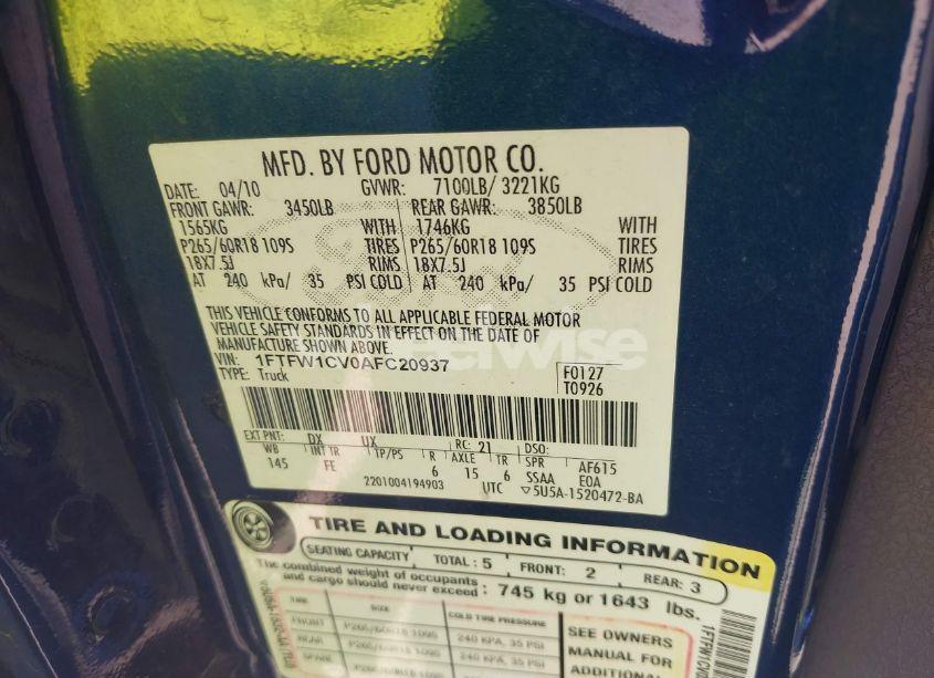 Photo 9 of 2010 Ford F-150 FX2 SPORT/HARLEY-DAVIDSON/KING RANCH/LARIAT/PLATINUM/XL/XLT (VIN 1FTFW1CV0AFC20937)