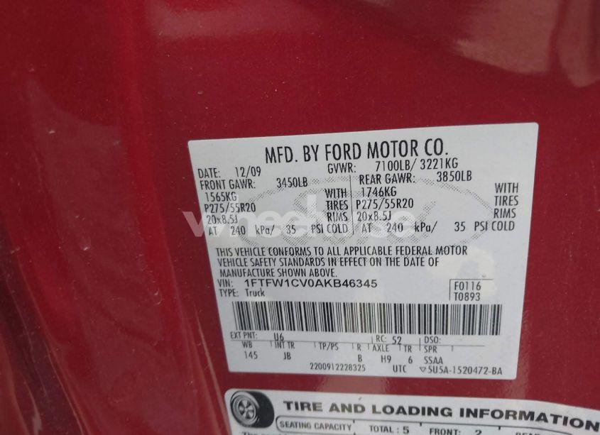 Photo 9 of 2010 Ford F-150 FX2 SPORT/HARLEY-DAVIDSON/KING RANCH/LARIAT/PLATINUM/XL/XLT (VIN 1FTFW1CV0AKB46345)
