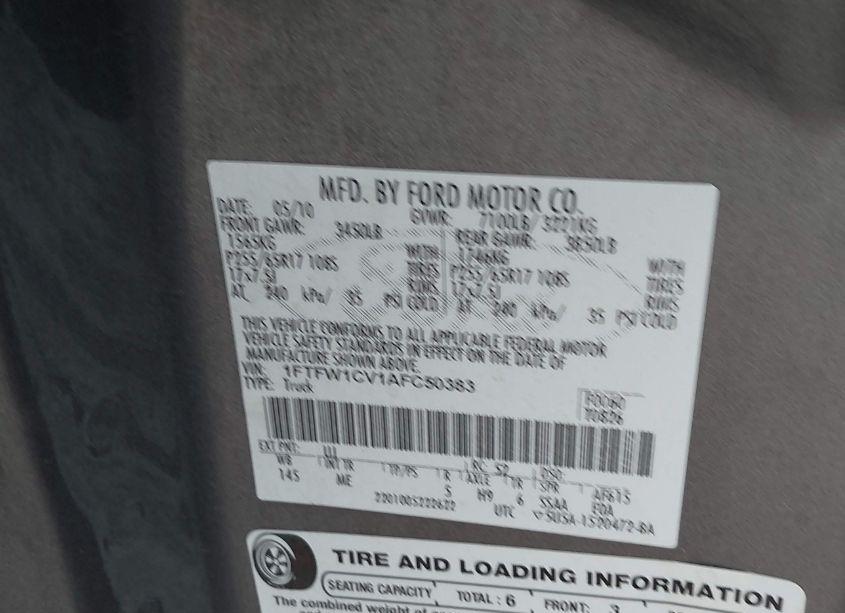 Photo 9 of 2010 Ford F-150 FX2 SPORT/HARLEY-DAVIDSON/KING RANCH/LARIAT/PLATINUM/XL/XLT (VIN 1FTFW1CV1AFC50383)