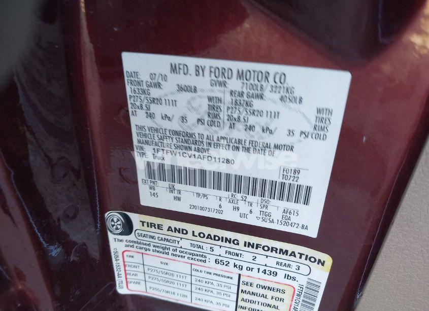 Photo 9 of 2010 Ford F-150 FX2 SPORT/HARLEY-DAVIDSON/KING RANCH/LARIAT/PLATINUM/XL/XLT (VIN 1FTFW1CV1AFD11280)