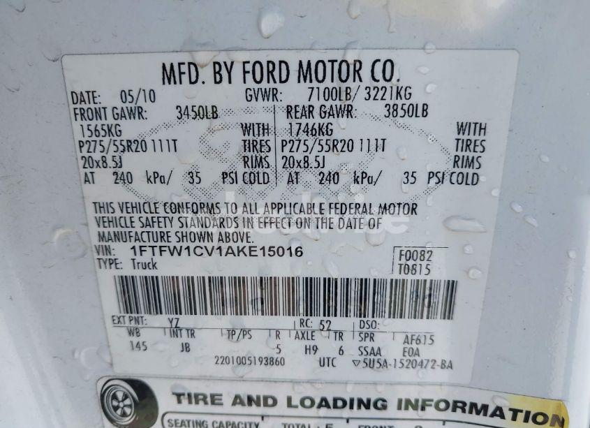 Photo 9 of 2010 Ford F-150 FX2 SPORT/HARLEY-DAVIDSON/KING RANCH/LARIAT/PLATINUM/XL/XLT (VIN 1FTFW1CV1AKE15016)