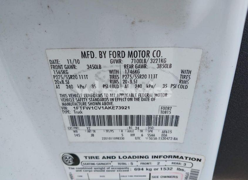 Photo 9 of 2010 Ford F-150 FX2 SPORT/HARLEY-DAVIDSON/KING RANCH/LARIAT/PLATINUM/XL/XLT (VIN 1FTFW1CV1AKE73921)