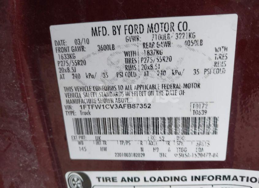 Photo 9 of 2010 Ford F-150 LARIAT (VIN 1FTFW1CV3AFB87352)