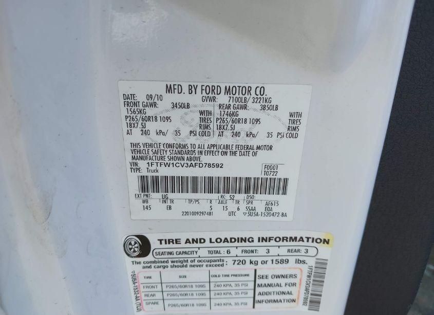 Photo 9 of 2010 Ford F-150 PLATINUM (VIN 1FTFW1CV3AFD78592)