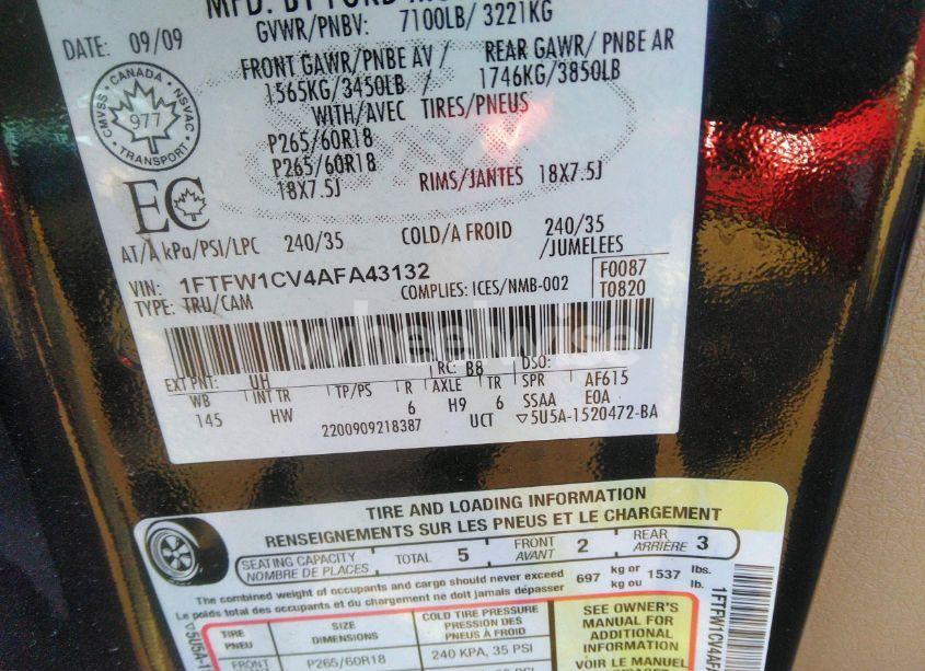 Photo 9 of 2010 Ford F-150 FX2 SPORT/HARLEY-DAVIDSON/KING RANCH/LARIAT/PLATINUM/XL/XLT (VIN 1FTFW1CV4AFA43132)