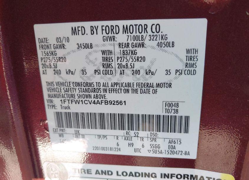 Photo 9 of 2010 Ford F-150 FX2 SPORT/HARLEY-DAVIDSON/KING RANCH/LARIAT/PLATINUM/XL/XLT (VIN 1FTFW1CV4AFB92561)