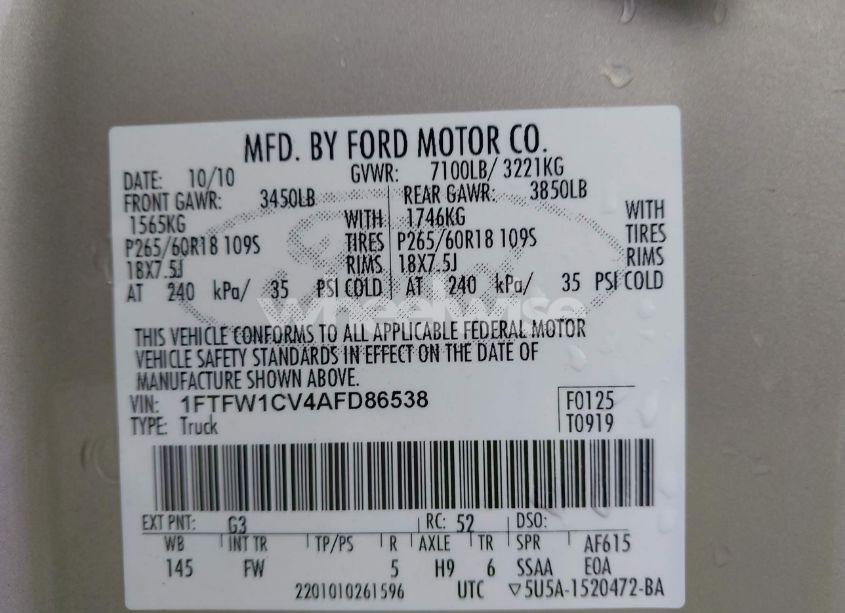 Photo 9 of 2010 Ford F-150 FX2 SPORT/HARLEY-DAVIDSON/KING RANCH/LARIAT/PLATINUM/XL/XLT (VIN 1FTFW1CV4AFD86538)