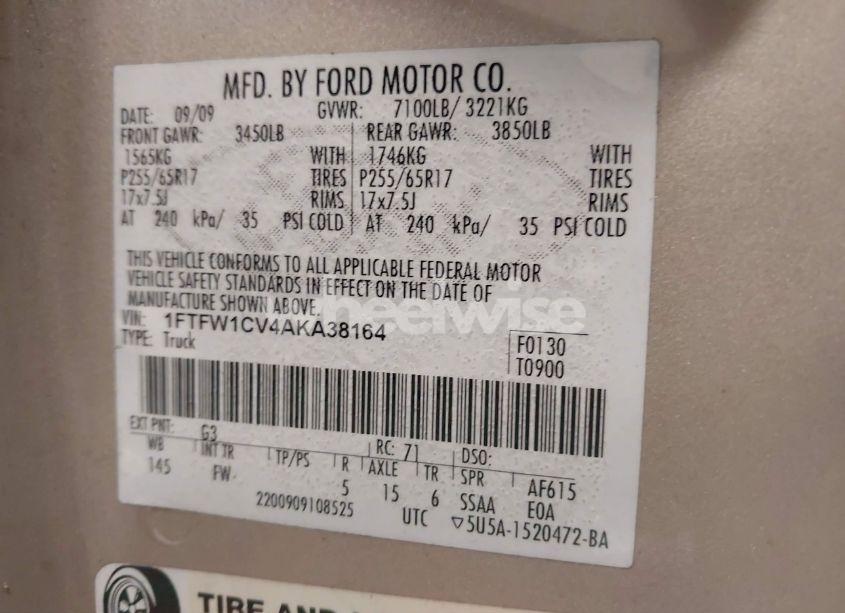 Photo 9 of 2010 Ford F-150 FX2 SPORT/HARLEY-DAVIDSON/KING RANCH/LARIAT/PLATINUM/XL/XLT (VIN 1FTFW1CV4AKA38164)