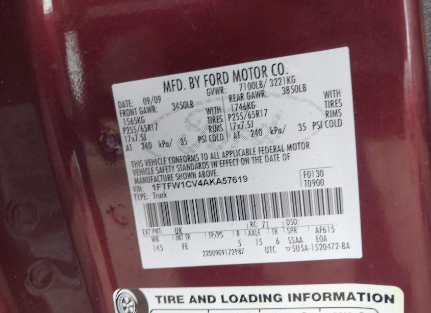 Photo 9 of 2010 Ford F-150 FX2 SPORT/HARLEY-DAVIDSON/KING RANCH/LARIAT/PLATINUM/XL/XLT (VIN 1FTFW1CV4AKA57619)