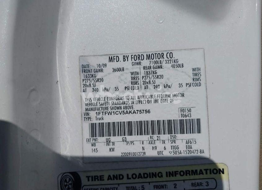 Photo 9 of 2010 Ford F-150 FX2 SPORT/HARLEY-DAVIDSON/KING RANCH/LARIAT/PLATINUM/XL/XLT (VIN 1FTFW1CV5AKA75756)