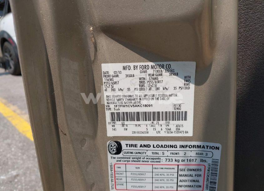 Photo 9 of 2010 Ford F-150 FX2 SPORT/HARLEY-DAVIDSON/KING RANCH/LARIAT/PLATINUM/XL/XLT (VIN 1FTFW1CV5AKC18091)