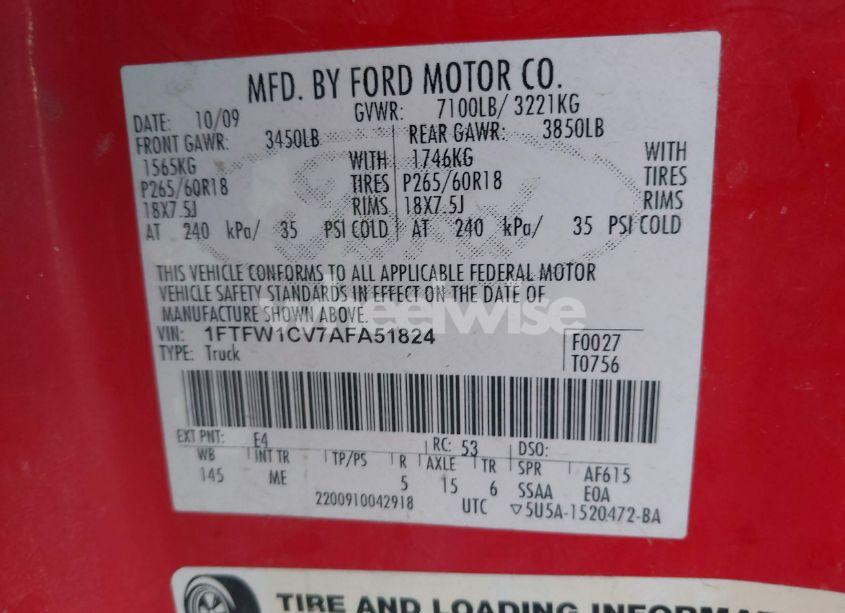 Photo 9 of 2010 Ford F-150 FX2 SPORT/HARLEY-DAVIDSON/KING RANCH/LARIAT/PLATINUM/XL/XLT (VIN 1FTFW1CV7AFA51824)