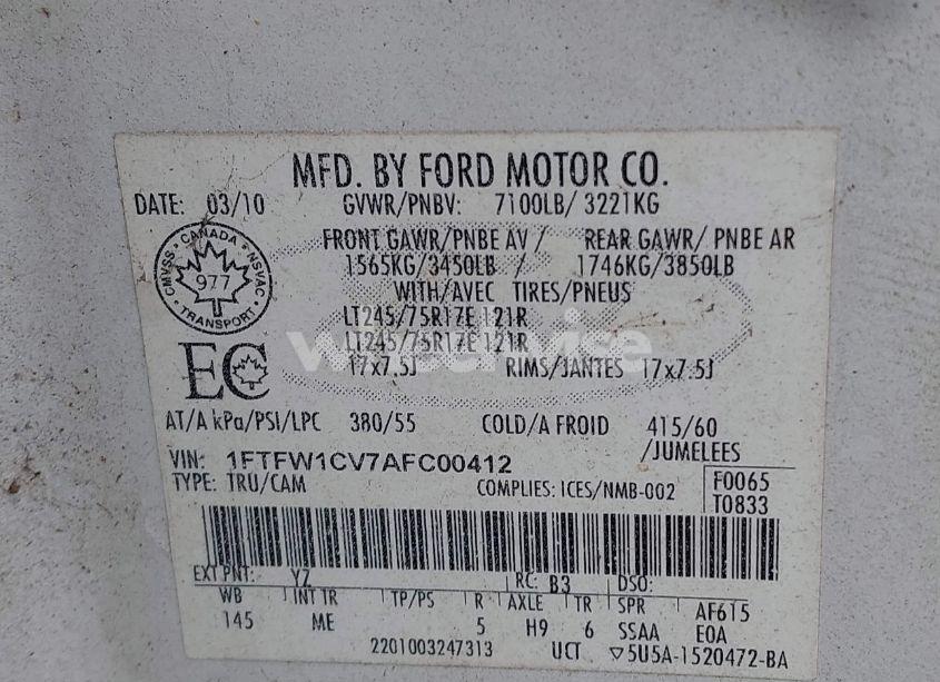 Photo 9 of 2010 Ford F-150 FX2 SPORT/HARLEY-DAVIDSON/KING RANCH/LARIAT/PLATINUM/XL/XLT (VIN 1FTFW1CV7AFC00412)