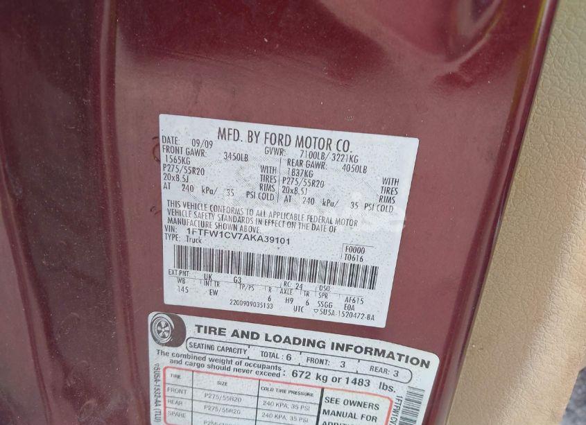 Photo 9 of 2010 Ford F-150 FX2 SPORT/HARLEY-DAVIDSON/KING RANCH/LARIAT/PLATINUM/XL/XLT (VIN 1FTFW1CV7AKA39101)