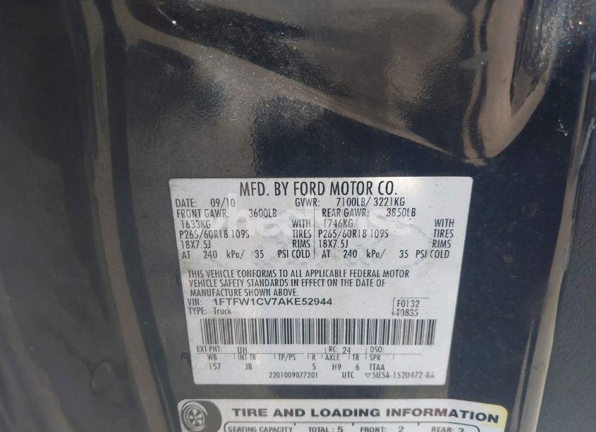 Photo 9 of 2010 Ford F-150 FX2 SPORT/HARLEY-DAVIDSON/KING RANCH/LARIAT/PLATINUM/XL/XLT (VIN 1FTFW1CV7AKE52944)