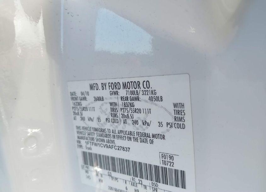 Photo 9 of 2010 Ford F-150 FX2 SPORT/HARLEY-DAVIDSON/KING RANCH/LARIAT/PLATINUM/XL/XLT (VIN 1FTFW1CV9AFC27837)