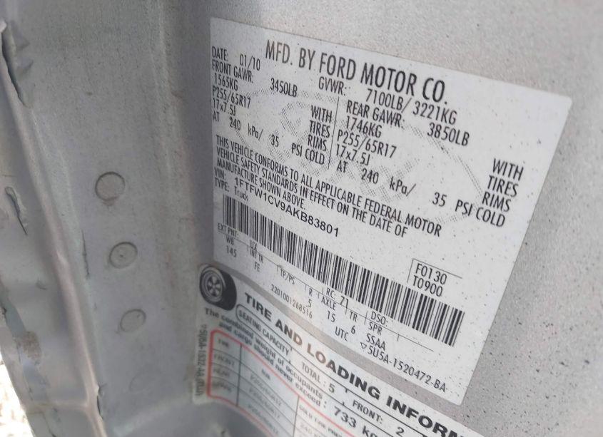 Photo 9 of 2010 Ford F-150 FX2 SPORT/HARLEY-DAVIDSON/KING RANCH/LARIAT/PLATINUM/XL/XLT (VIN 1FTFW1CV9AKB83801)