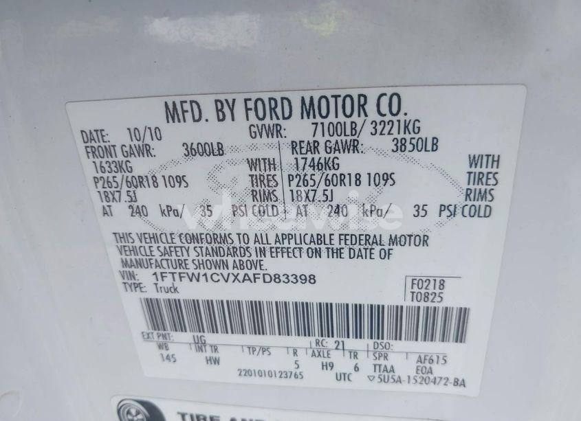 Photo 9 of 2010 Ford F-150 FX2 SPORT/HARLEY-DAVIDSON/KING RANCH/LARIAT/PLATINUM/XL/XLT (VIN 1FTFW1CVXAFD83398)
