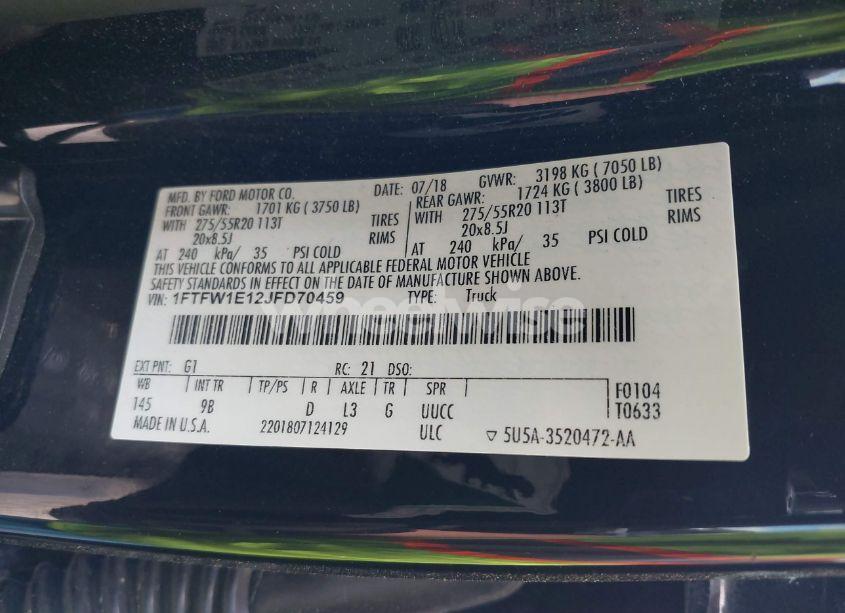 Photo 9 of 2018 Ford F-150 PLATINUM (VIN 1FTFW1E12JFD70459)