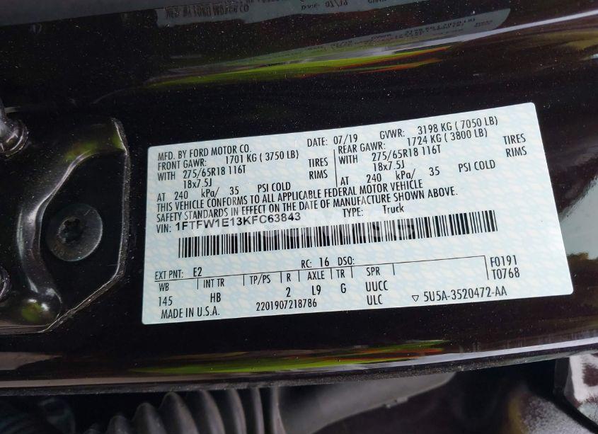Photo 9 of 2019 Ford F-150 LARIAT (VIN 1FTFW1E13KFC63843)