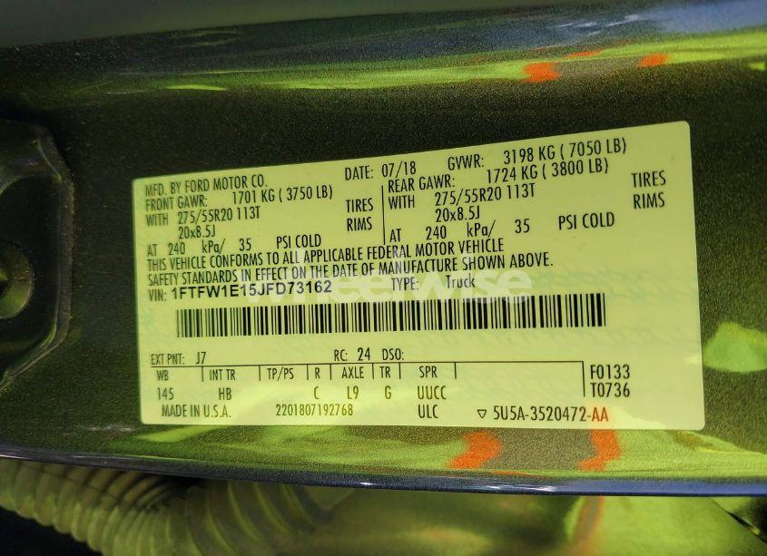 Photo 9 of 2018 Ford F-150 LARIAT (VIN 1FTFW1E15JFD73162)