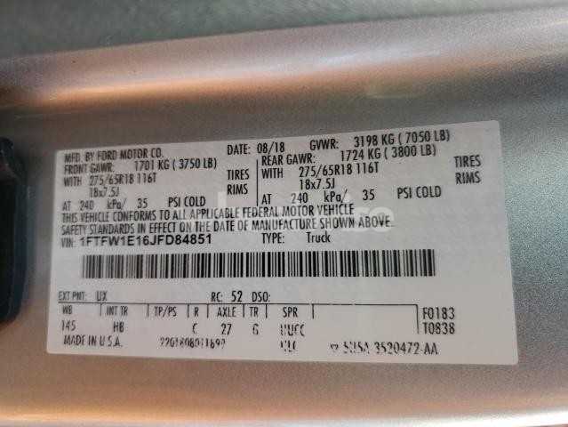 2018 FORD F150 SUPERCREW (VIN 1FTFW1E16JFD84851) main photo