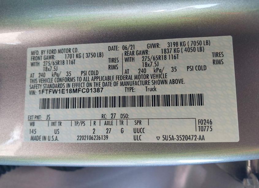 Photo 9 of 2021 Ford F-150 XLT (VIN 1FTFW1E18MFC01387)