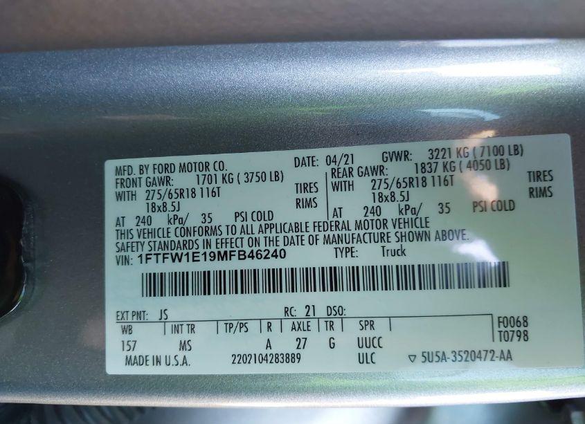 Photo 9 of 2021 Ford F-150 XLT (VIN 1FTFW1E19MFB46240)