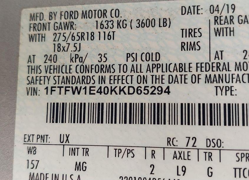 Photo 9 of 2019 Ford F-150 XLT (VIN 1FTFW1E40KKD65294)