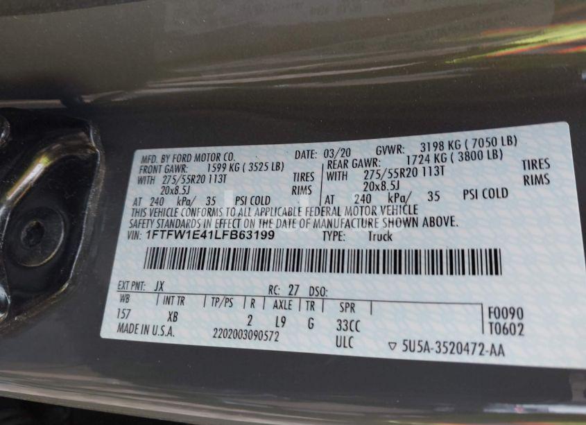 Photo 9 of 2020 Ford F-150 XLT (VIN 1FTFW1E41LFB63199)