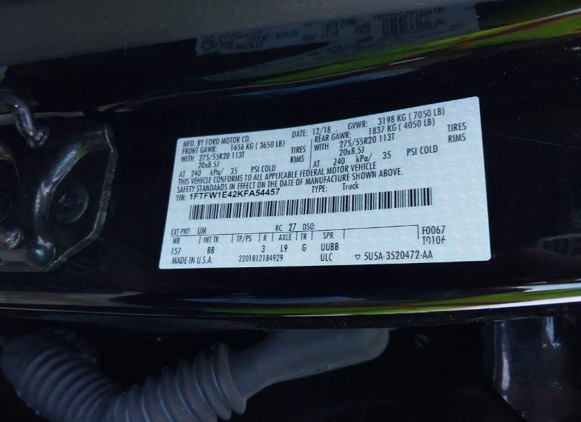 Photo 9 of 2019 Ford F-150 PLATINUM (VIN 1FTFW1E42KFA54457)