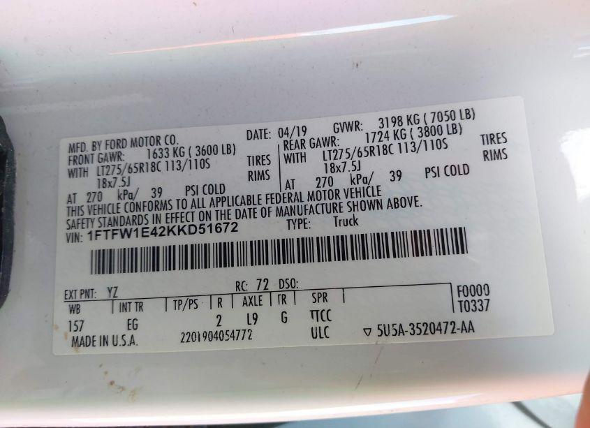 Photo 9 of 2019 Ford F-150 LARIAT (VIN 1FTFW1E42KKD51672)