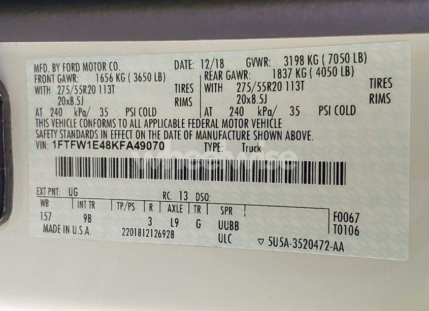 Photo 9 of 2019 Ford F-150 PLATINUM (VIN 1FTFW1E48KFA49070)