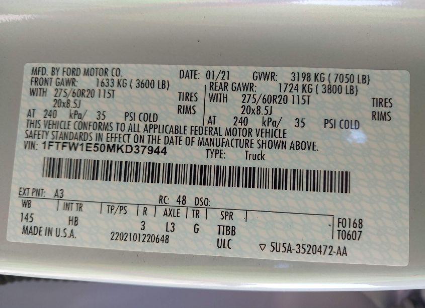 Photo 9 of 2021 Ford F-150 LARIAT (VIN 1FTFW1E50MKD37944)