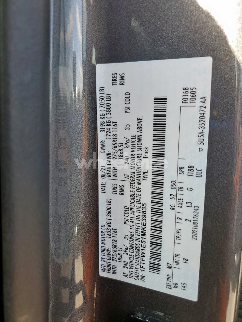 Photo 3 of 2021 FORD F150 SUPERCREW (VIN 1FTFW1E51MKE39835)