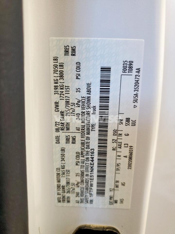 Photo 12 of 2022 FORD F150 SUPERCREW (VIN 1FTFW1E51NKE44163)