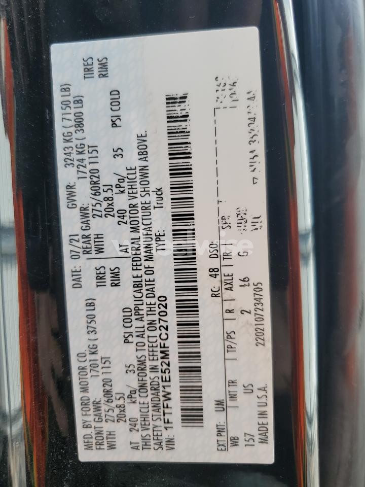 Photo 12 of 2021 FORD F150 SUPERCREW (VIN 1FTFW1E52MFC27020)