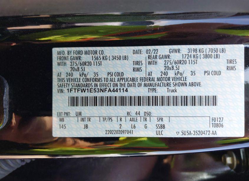 Photo 9 of 2022 Ford F-150 XL (VIN 1FTFW1E53NFA44114)