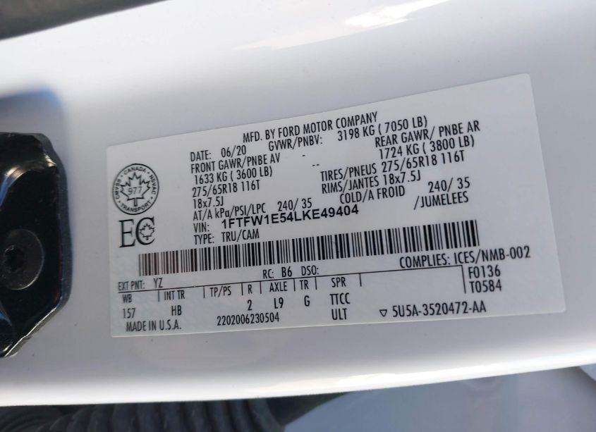 Photo 9 of 2020 Ford F-150 LARIAT (VIN 1FTFW1E54LKE49404)