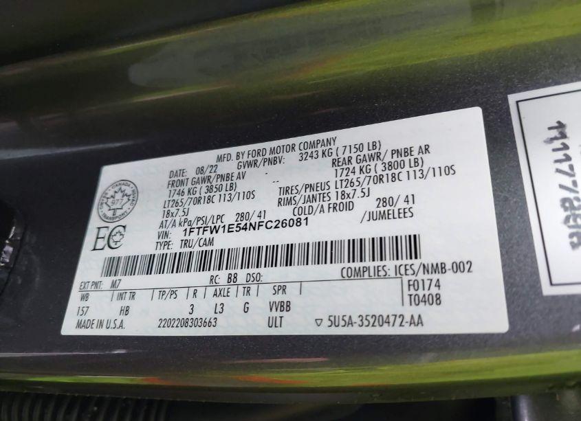 Photo 9 of 2022 Ford F-150 LARIAT (VIN 1FTFW1E54NFC26081)