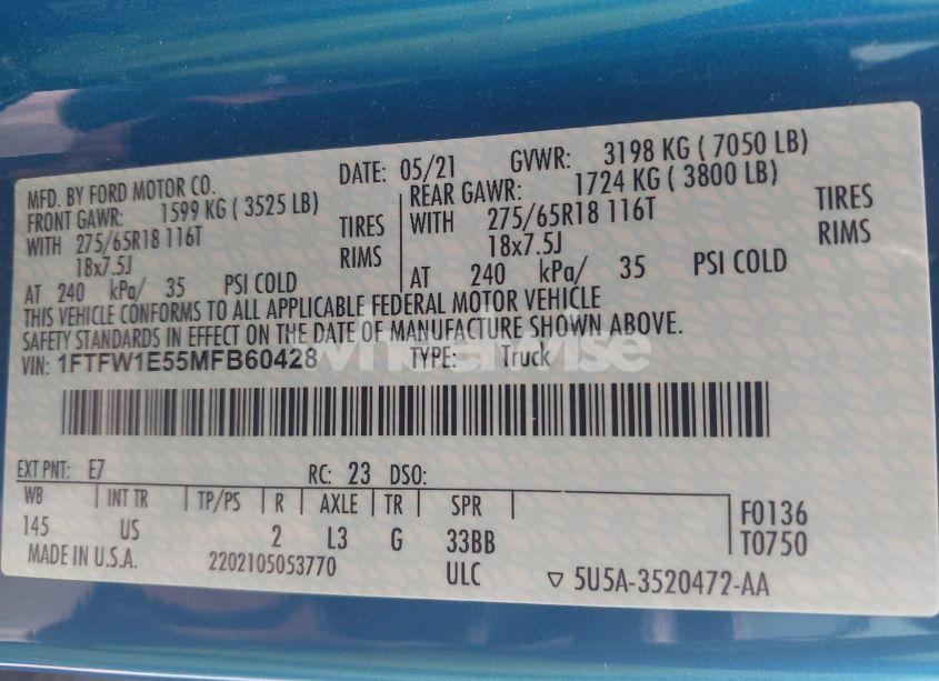 Photo 9 of 2021 Ford F-150 XLT (VIN 1FTFW1E55MFB60428)